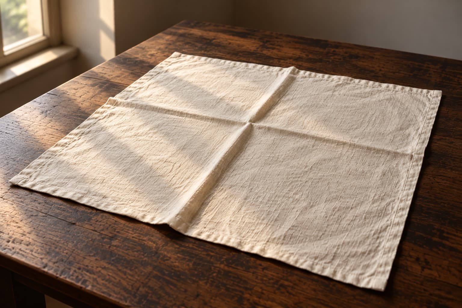 A linen cloth folded in four and spread on a wooden table, the creases meeting as a cross
